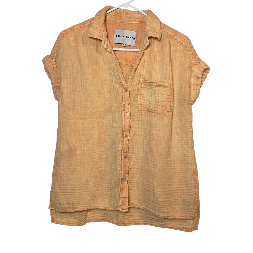 Lola River Gauze Button‎ Down Shirt Short Sleeve Relaxed Fit Orange Muslin Light